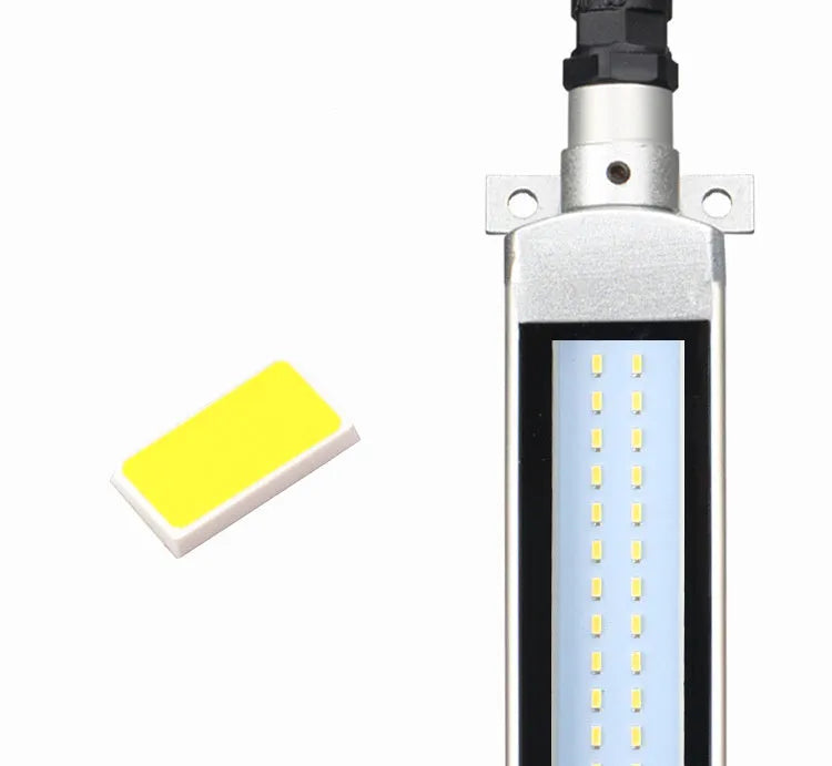 Long aluminium LED explosion-proof light strip with tempered glass cover for CNC lathe mounting.