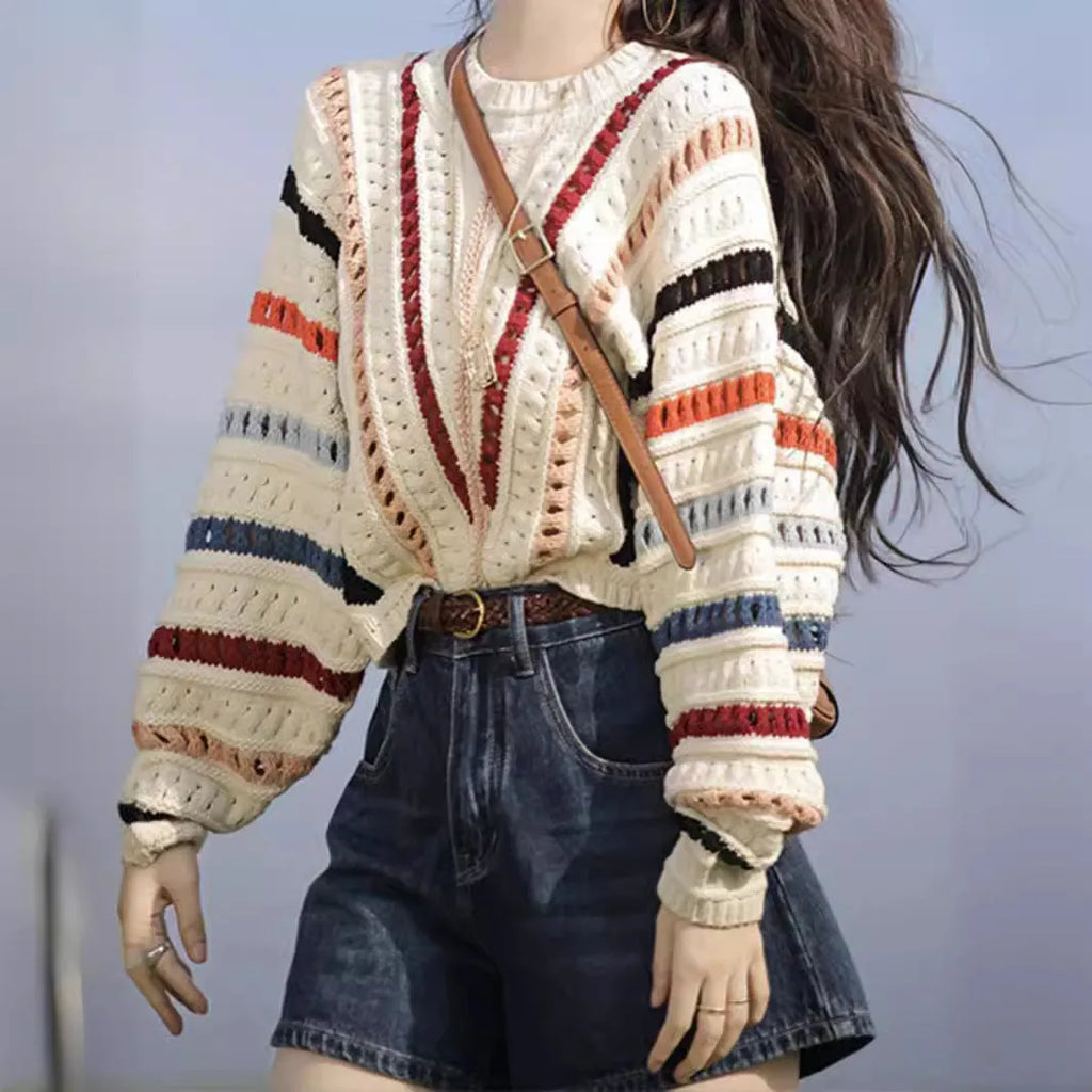 Rainbow striped hollow sweater with batwing sleeves and round neck in poly-cashmere blend