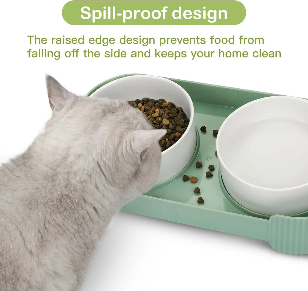 Green ceramic cat bowls on a 15-degree tilted raised stand with a non-slip base.