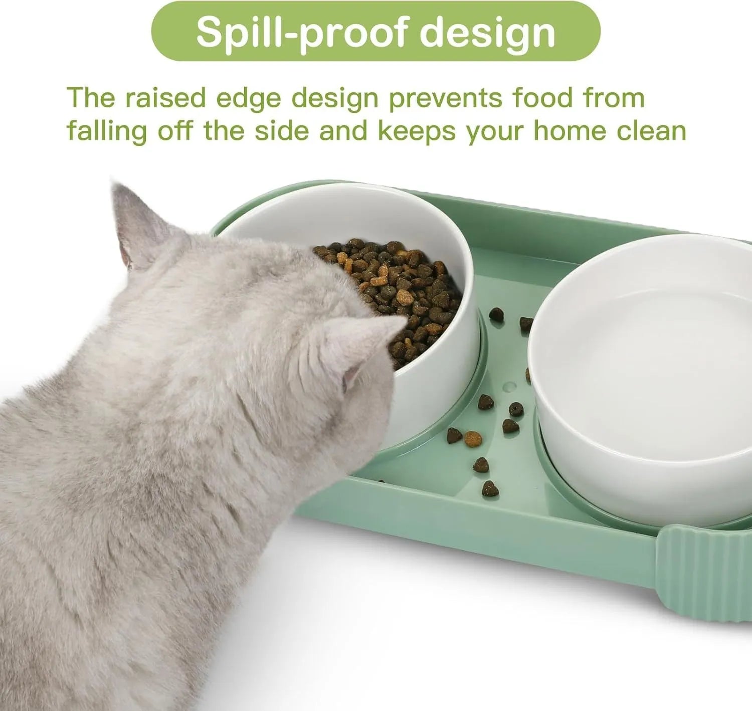 Green ceramic cat bowls on a 15-degree tilted raised stand with a non-slip base.
