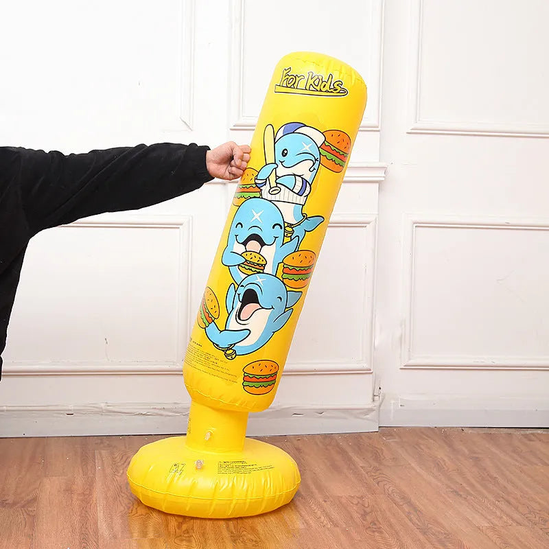 Yellow Hamburger patterned inflatable boxing column sandbag standing upright at 120cm tall.