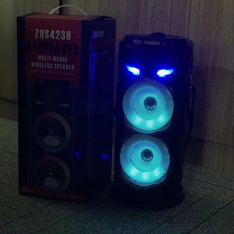 Black portable Bluetooth speaker with wheat pattern finish and dual horn cannon design