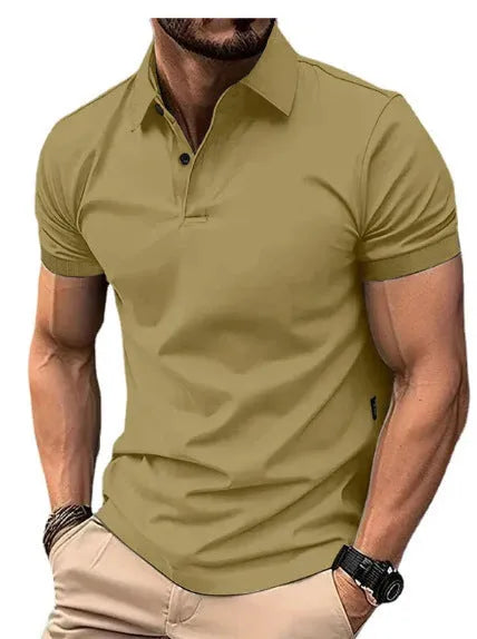 Men's solid colour slim fit short sleeve shirt in cotton mixed fabric on a hanger.