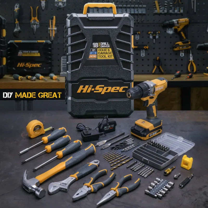 82-piece chrome-vanadium steel tool set in grey-yellow case for furniture installation