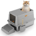 Grey enclosed cat litter box with a front pedal and removable top lid.