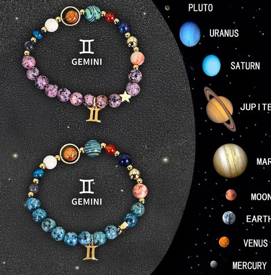Two natural stone beaded bracelets with adjustable cords for zodiac signs.