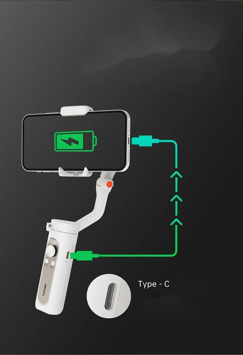 Black 3-axis mobile phone gimbal stabiliser shown in folded position