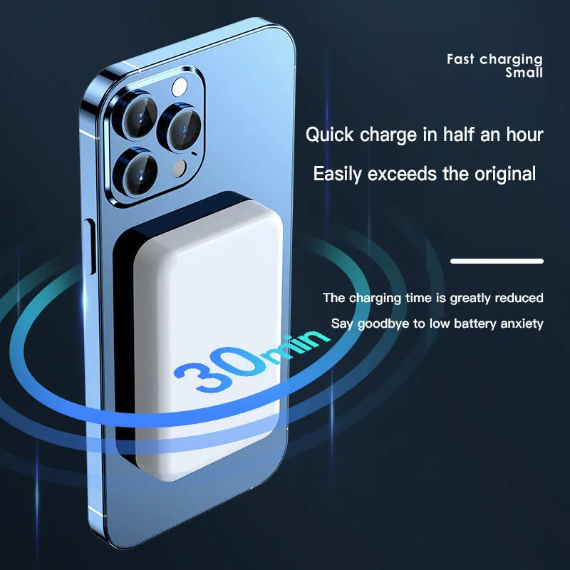 Pink magnetic wireless power bank showing 20000mAh capacity and 20W output on a table.