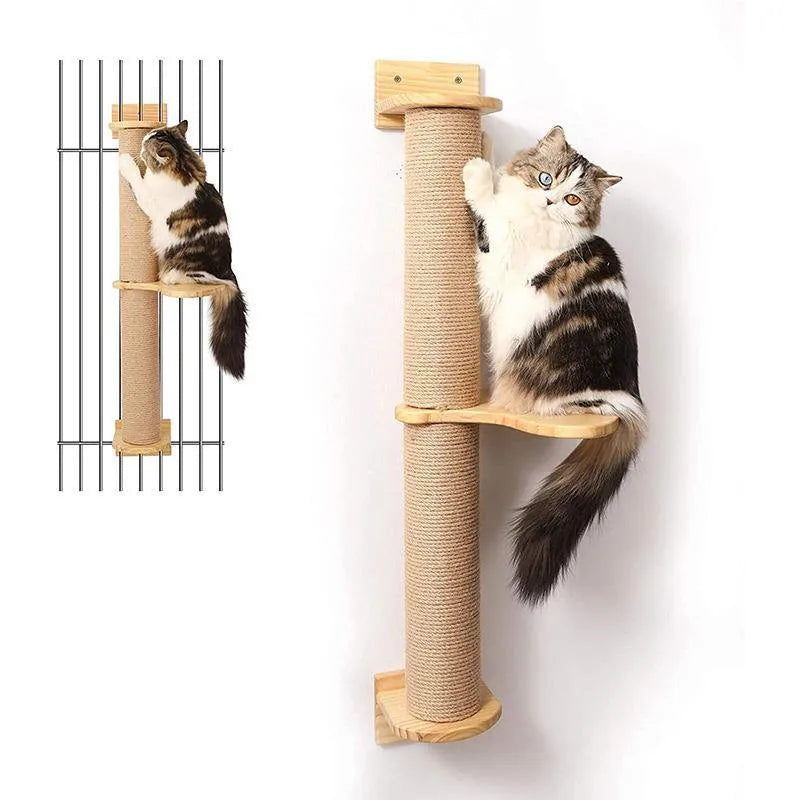Wooden cat climbing frame with sisal scratching post and wall-mounted jumping platform