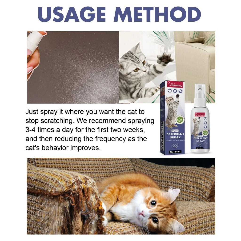 Boxed 50ml bottle of pet deterrent spray for dogs and cats to prevent scratching.