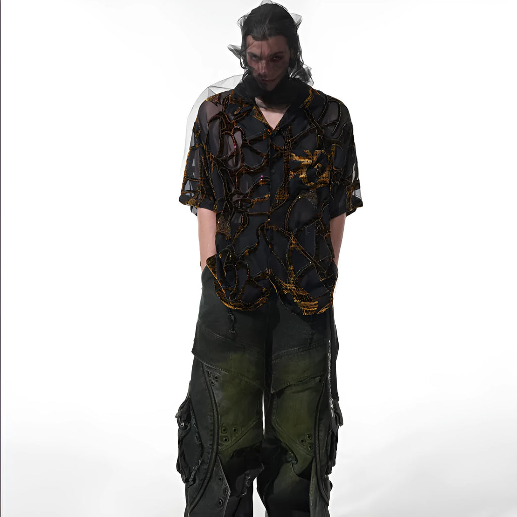 Man's loose fit short-sleeved shirt with translucent black grey snake pattern and lapel collar