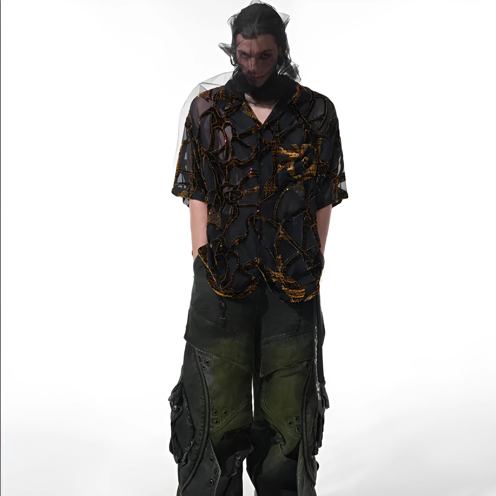 Man's loose fit short-sleeved shirt with translucent black grey snake pattern and lapel collar