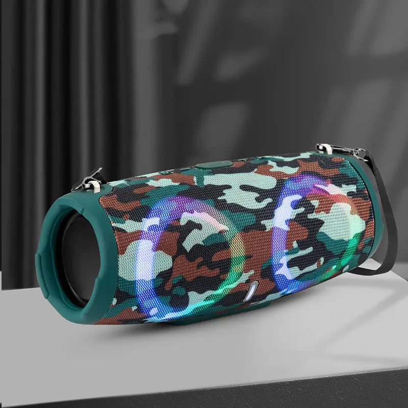 Portable Bluetooth speaker with RGB lights in black, blue, camouflage, red, or silver grey.