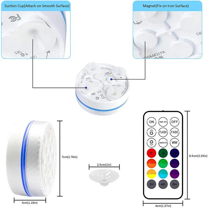 Waterproof remote control colour changing diving light with ABS case for pool and garden use.