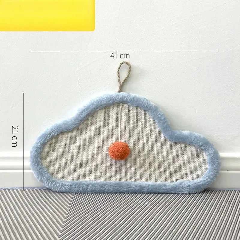 White wall mounted cat scratching mat with sleeping cat cartoon design on natural sisal.