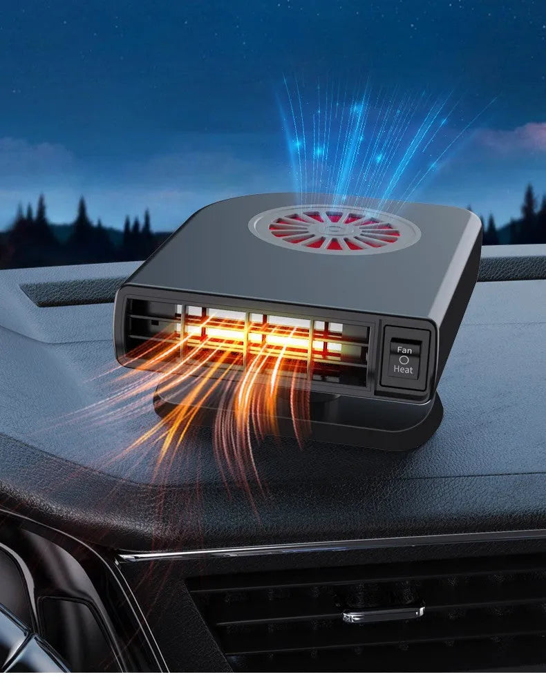 Black compact vehicle-mounted heater for car defrosting and defogging with adjustable nozzle.