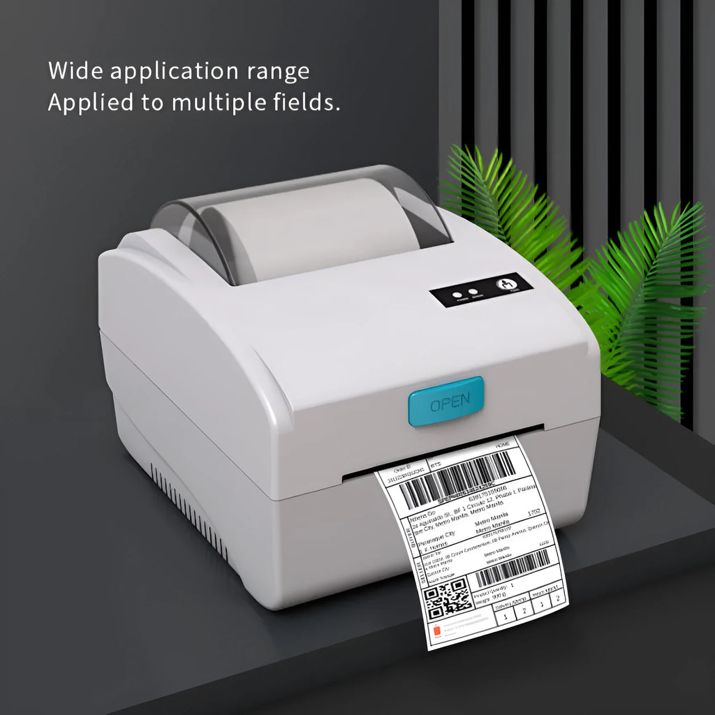 White heat-sensitive label printer with Bluetooth and USB connectivity, compact 200mm wide design