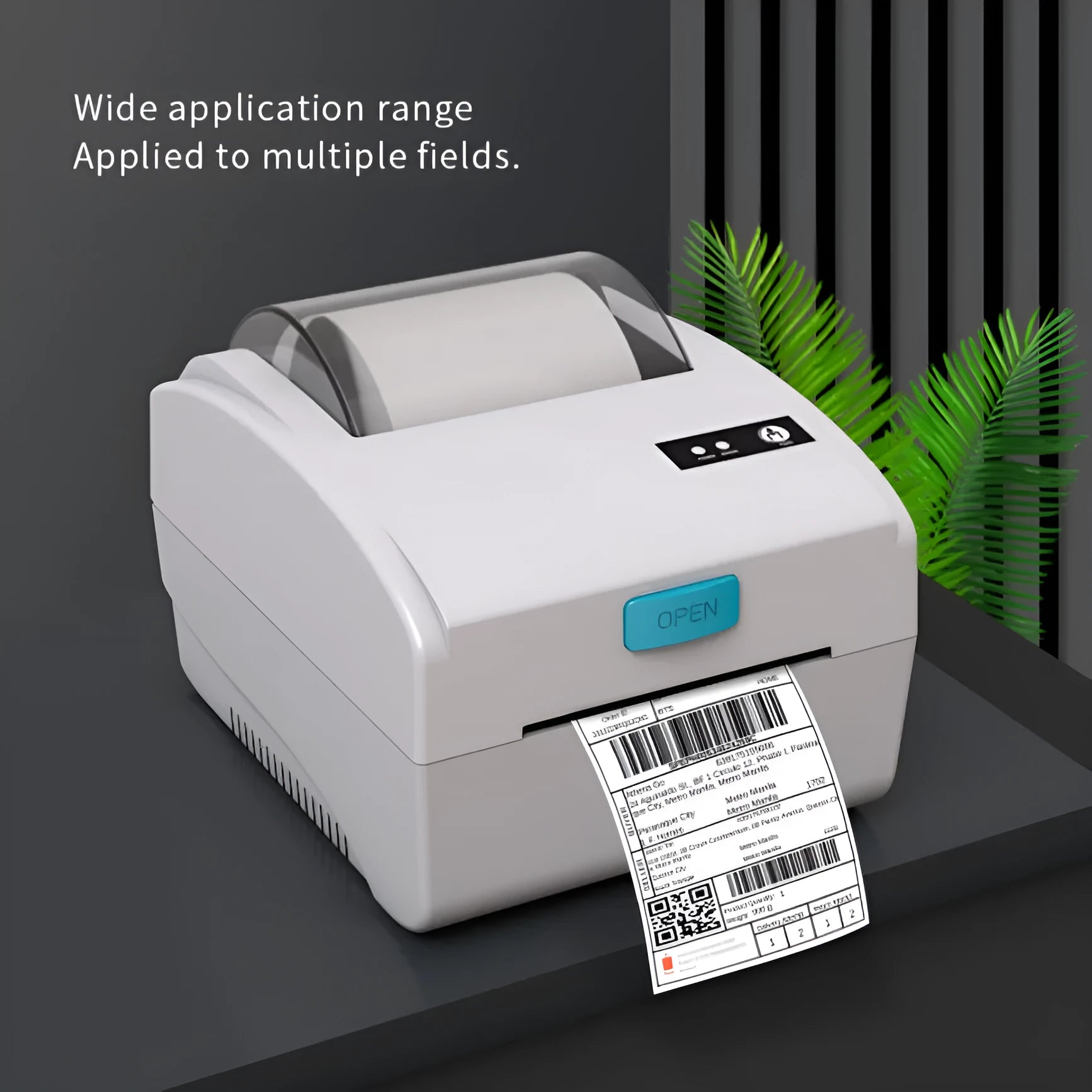 White heat-sensitive label printer with Bluetooth and USB connectivity, compact 200mm wide design