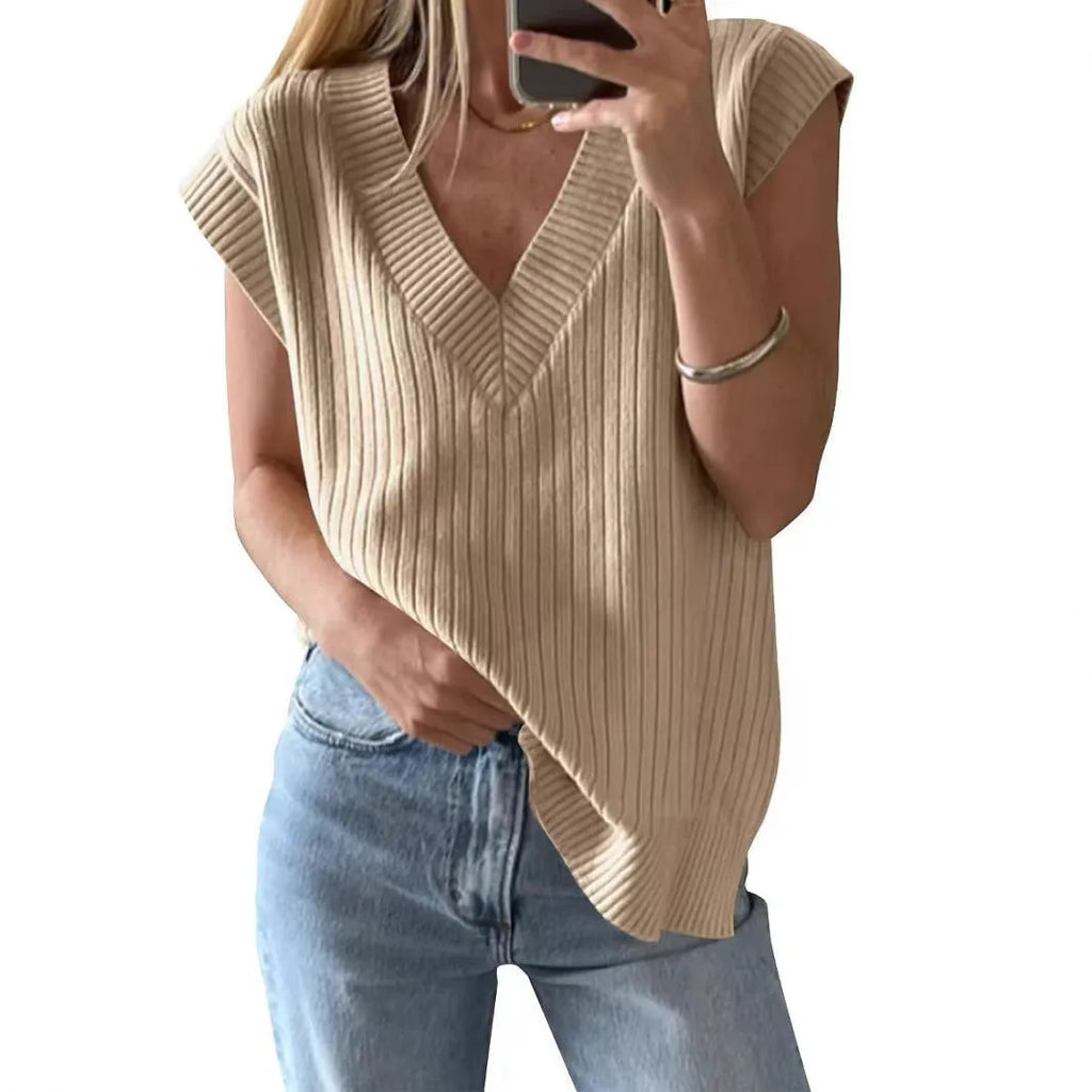 Women's V-neck sleeveless vest in camel colour with loose fit pullover design