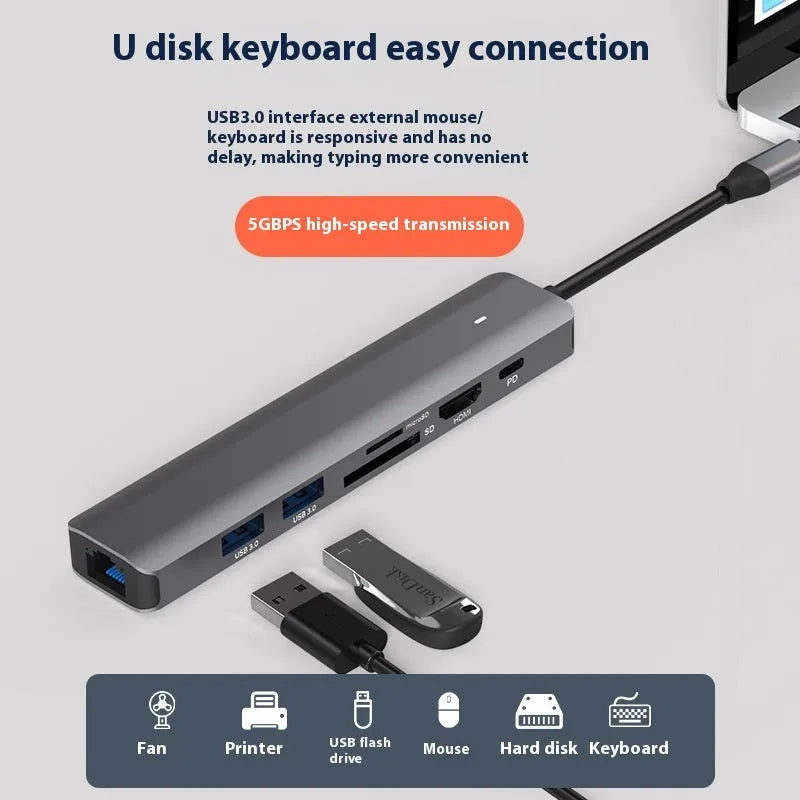 7-in-1 USB C card reader hub with multiple ports and SD card slots on a desk next to a laptop.
