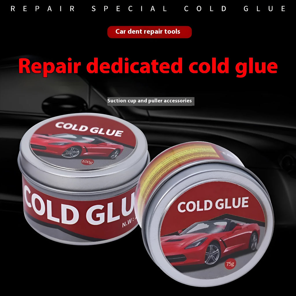 Container of special cold glue for car dent repair, showing 75g or 100g size option