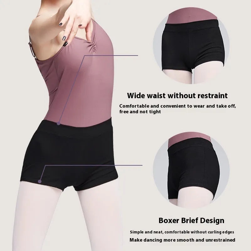 Black cotton ballet practice shorts for women laid flat, showing size label.