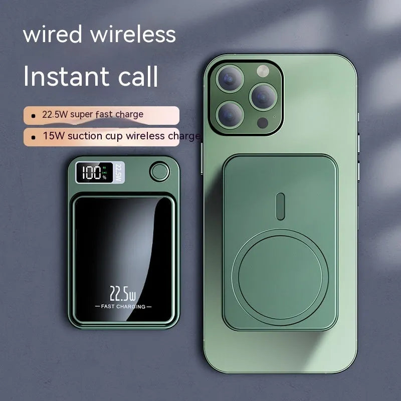 Wireless power bank with MagSafe charging in black, white, purple or green colour with industrial style plastic shell