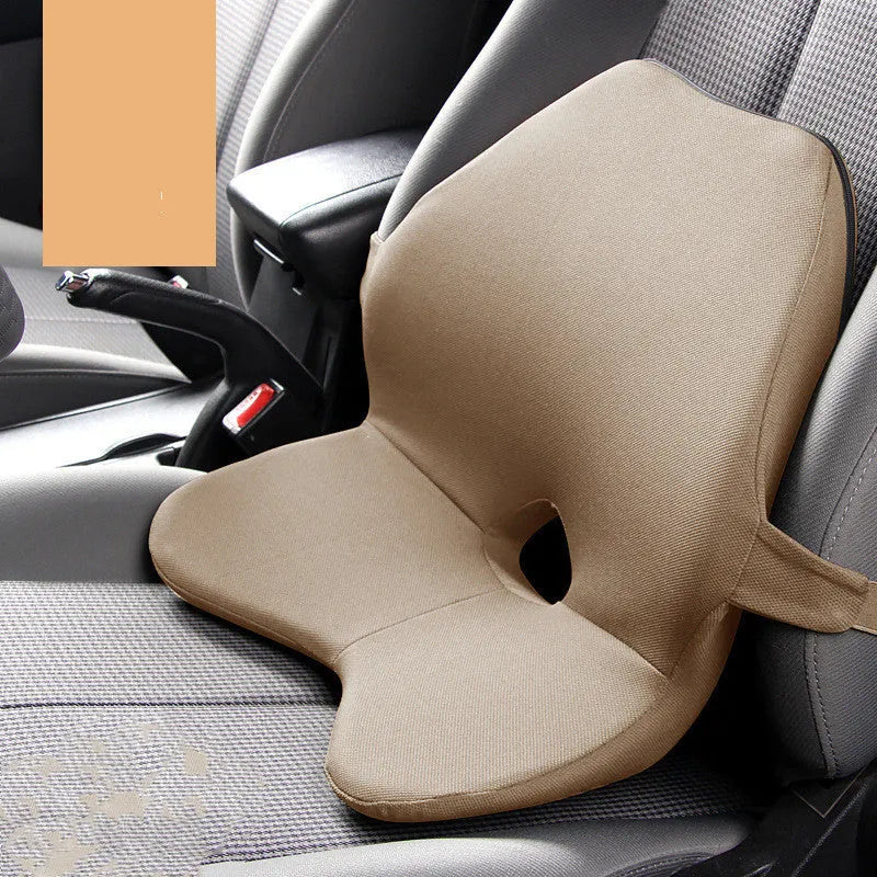 Car lumbar support cushion with memory foam, shown in beige and black, featuring a one-piece design.