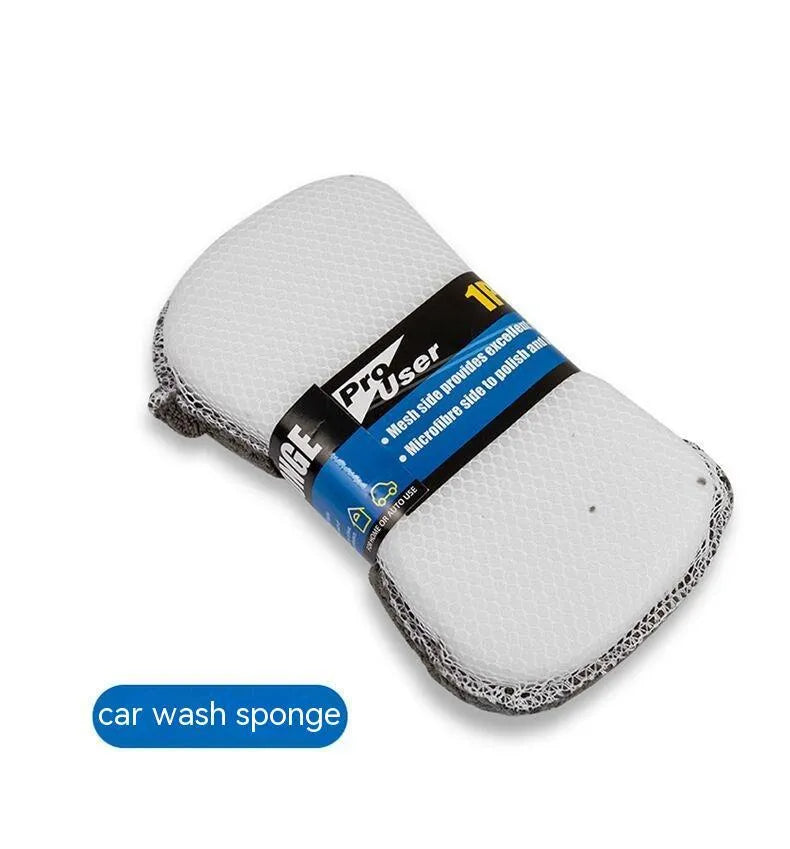 Grey nine-piece car wash cleaning set showing microfiber sponge, gloves, tyre brush, and cleaning towels