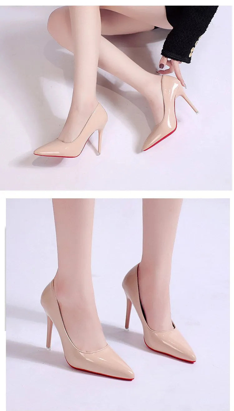 Solid colour women's stiletto pump with pointed toe and shallow mouth design on a rubber sole.