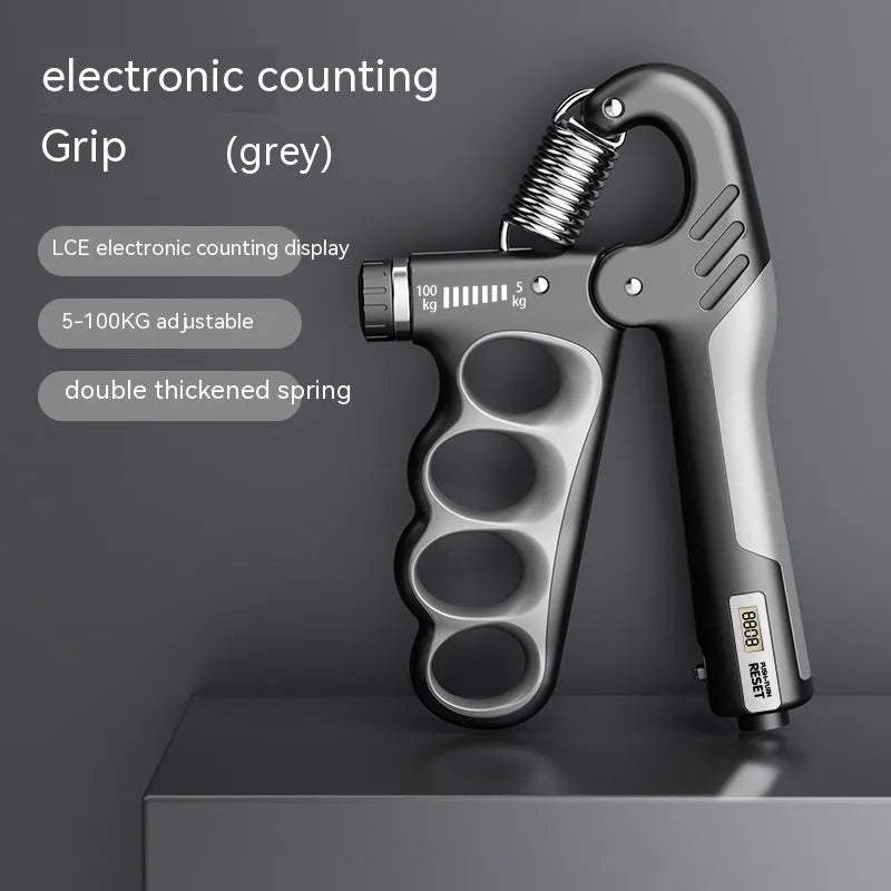 Adjustable electronic spring grip with digital counter display in orange, red or grey options