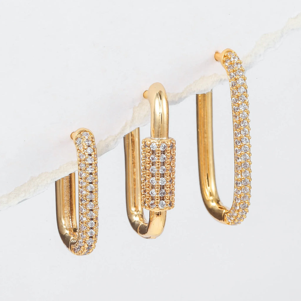 Geometric three-piece copper ear clip set with micro inlaid zircon detailing in gold or white finish