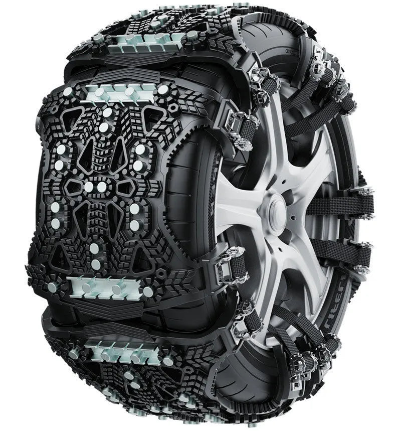 Universal car and SUV snow chains with steel gear links in black or yellow plastic casing with fitting tools