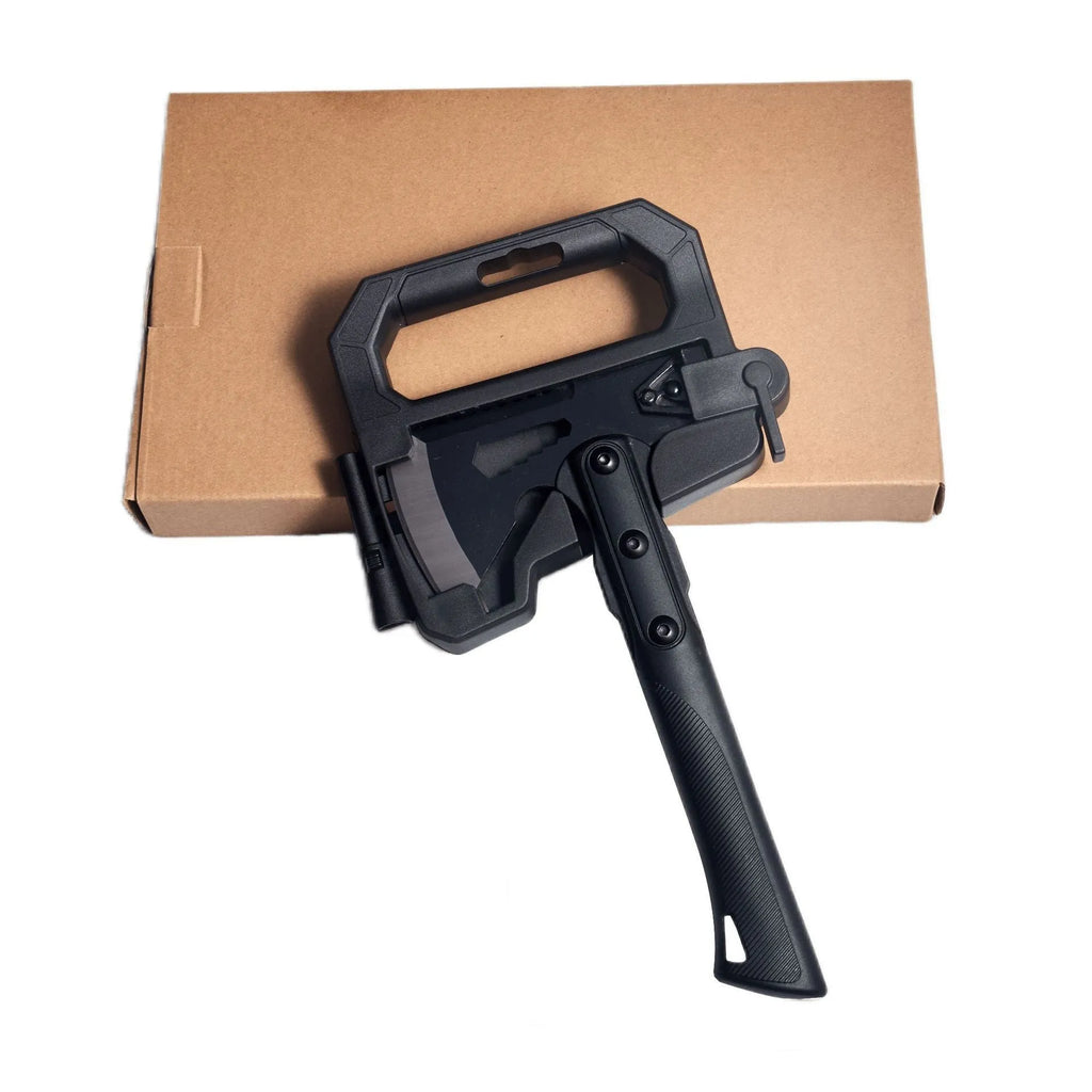 Multi-functional camping axe with stainless steel head and black ABS plastic handle