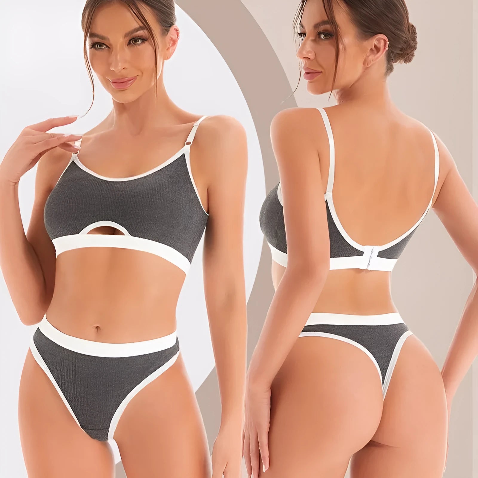 Women's black sports bra and panty set with underwire, moulded cups, and contrast colour back detailing.