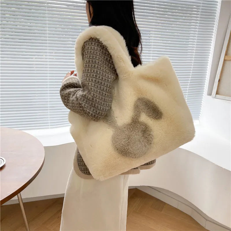 Cartoon rabbit ears plush shoulder bag in solid colour with large shopping capacity