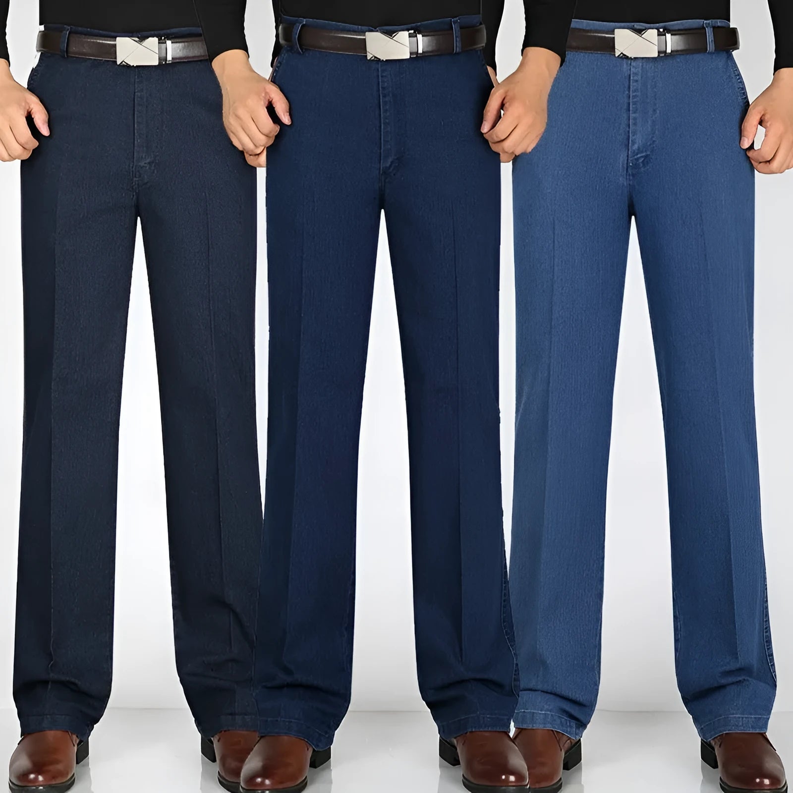 Men's high waist loose fit blue denim jeans on a neutral background