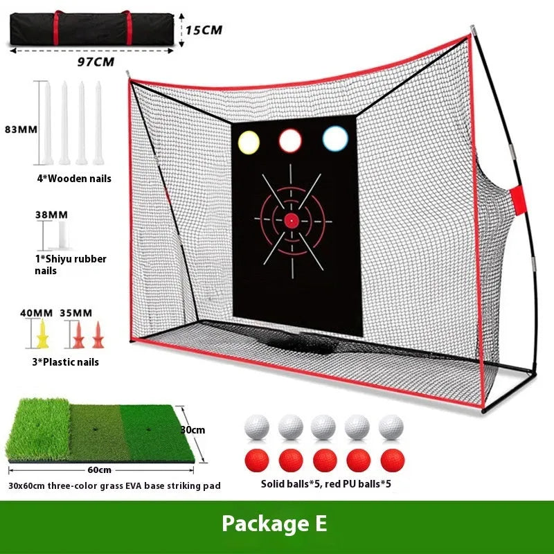 Golf training net with swing wedge on 30x60 cm straw mat including practice balls and accessories