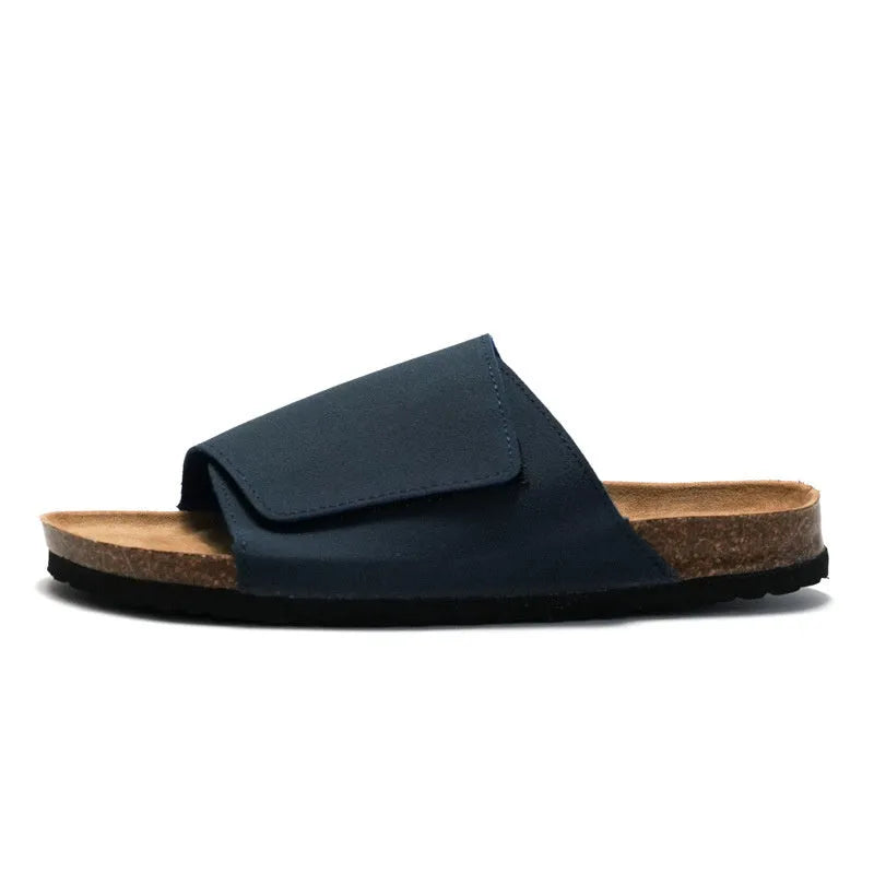 Men's retro cork-style platform slippers with frosted artificial PU upper in camel colour, rubber sole, slip-on design