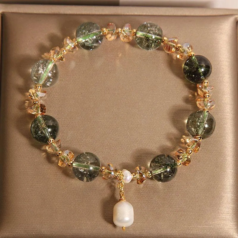 Women's natural chorite crystal bracelet with green phantom quartz stones and high-grade pearl accents