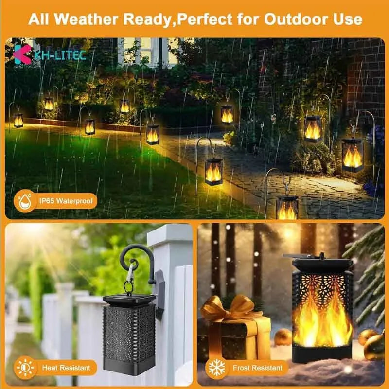 Set of four black solar-powered hanging lanterns with flickering flame LED light for outdoor garden decoration.