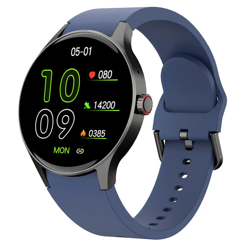 Smart Bluetooth sport watch with round touch screen showing display, IP68 waterproof rating