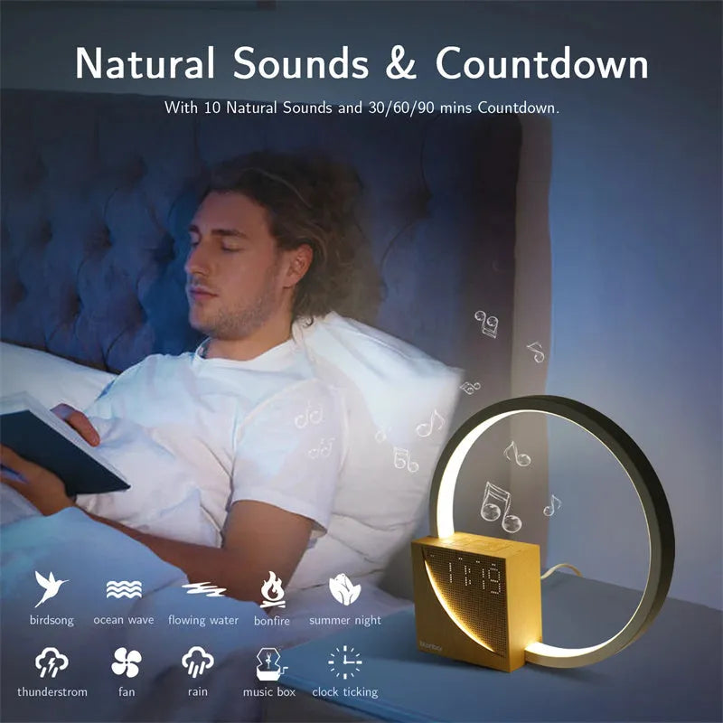 Navy blue wooden finish touch control bedside lamp with digital alarm clock display and natural sounds.