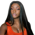 Long straight black synthetic wig with centre-parted bangs on a wig stand