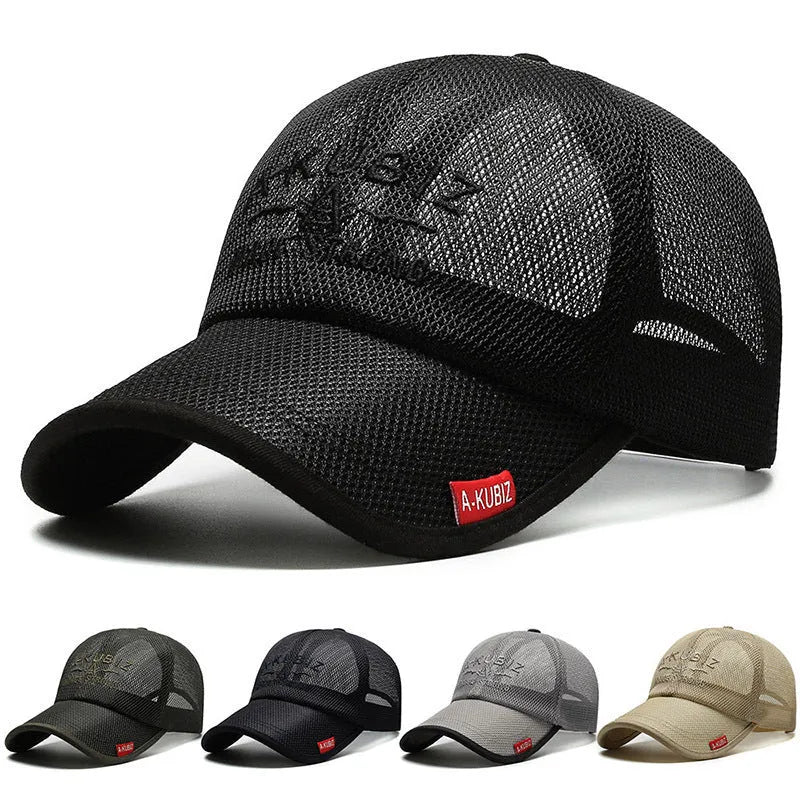 Men's adjustable mesh baseball cap in army green colour showing dome crown style