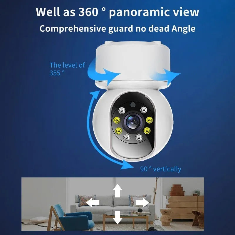 White 360-degree rotating indoor WiFi smart camera on a stand.