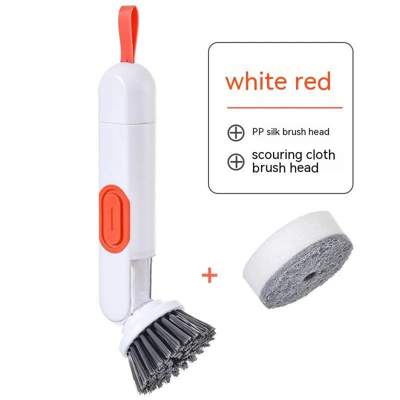 Long-handle kitchen cleaning brush with liquid dispenser and two brush heads in white and green colour