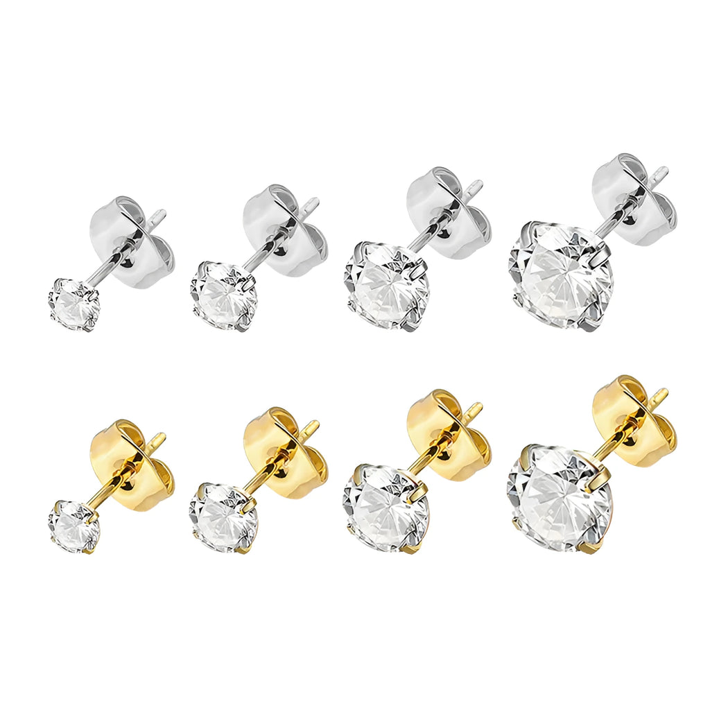 Titanium steel geometric square zircon stud earrings in gold and steel colour finishes