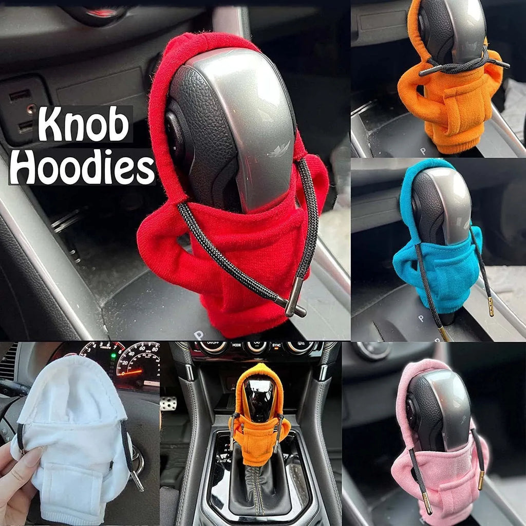Blue cloth car gear shift knob hoodie cover shown on a gear lever.