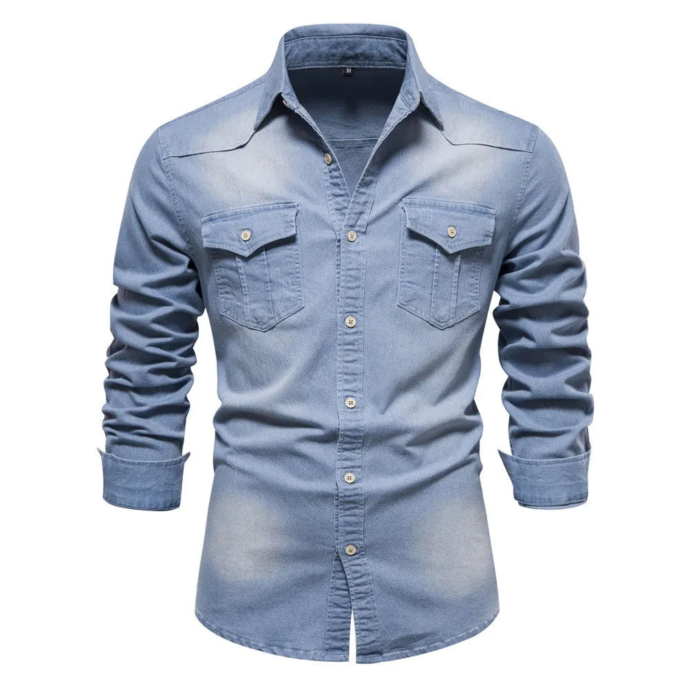 Men's slim fit long sleeve cotton denim shirt in solid colour on hanger